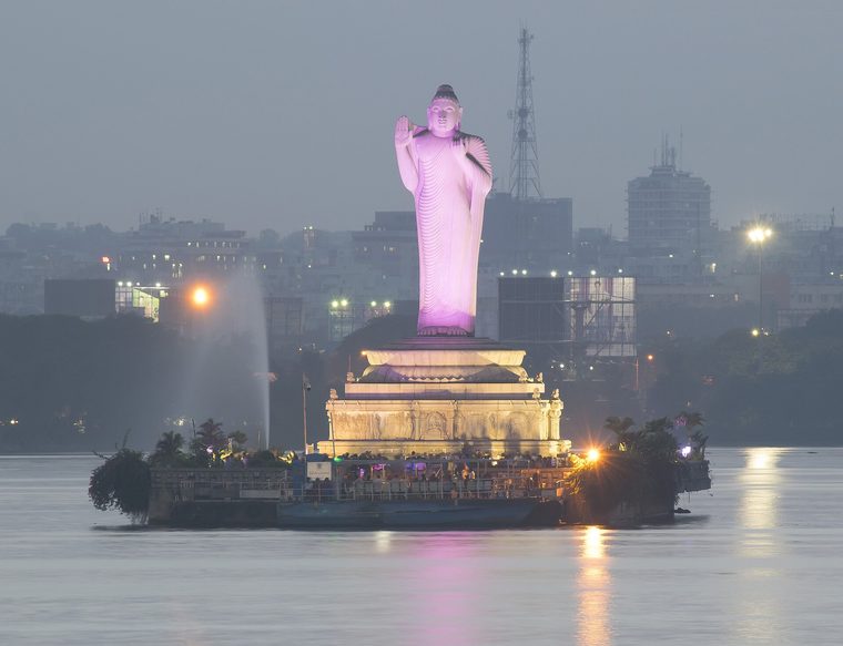The Buddha statue standing in the middle of Hussain Sagar lake