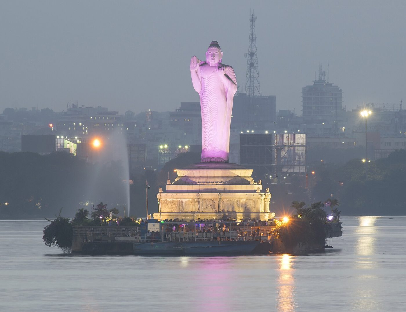 Hussain Sagar lake with the Buddha statue seen from Tank Bund