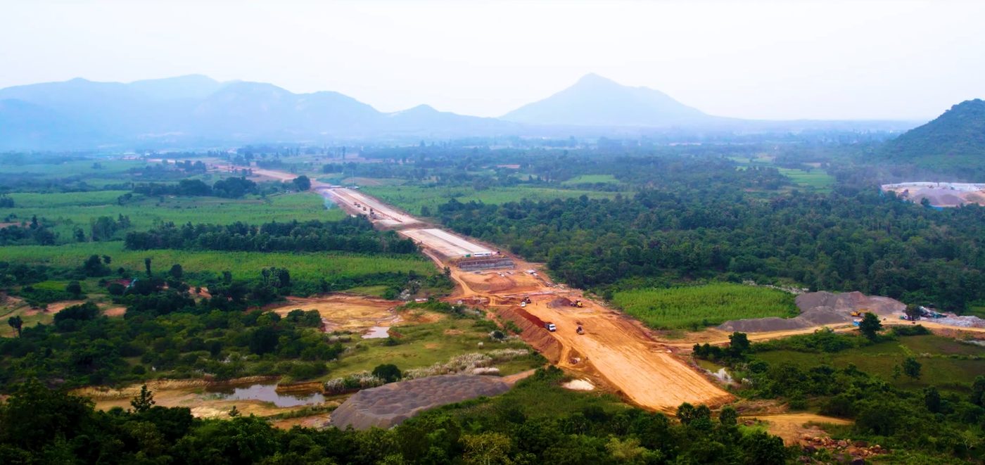 Aerial view of a wide highway carriageway under construction